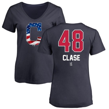 Women's Emmanuel Clase Name and Number Banner Wave V-Neck T-Shirt - Navy