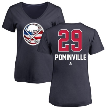 Women's Jason Pominville Name and Number Banner Wave V-Neck T-Shirt - Navy