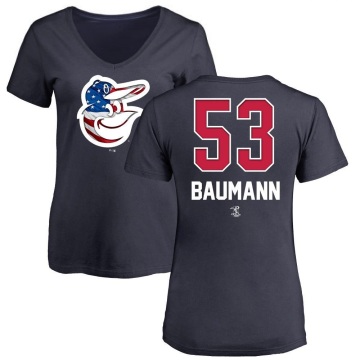 Women's Mike Baumann Name and Number Banner Wave V-Neck T-Shirt - Navy