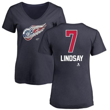 Women's Ted Lindsay Name and Number Banner Wave V-Neck T-Shirt - Navy